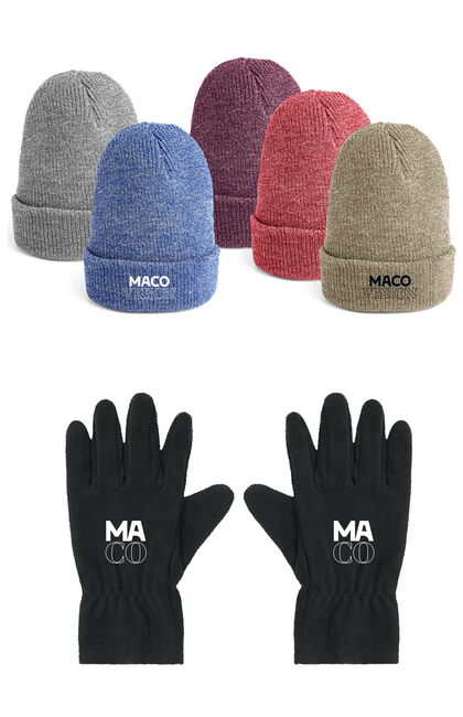 Mützen und Handschuhe mit Firmenlogo